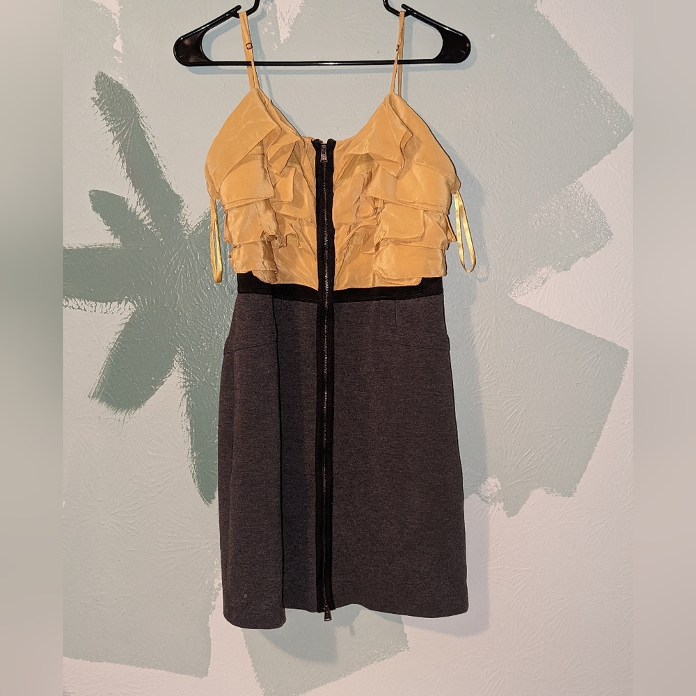 Bcbg Max Azria Yellow Gray & Black Ruffle dress size 10